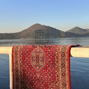 Red hand knotted medallion rug by The Taj Rugs displayed